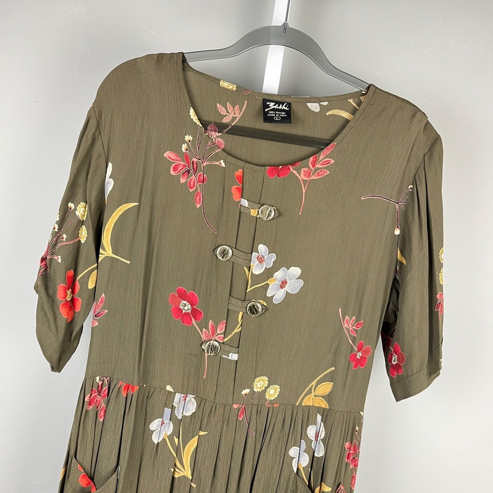 Zashi Boho Dress Womens L Vintage Brown Floral Retro Modest Rayon‎ Cottagecore